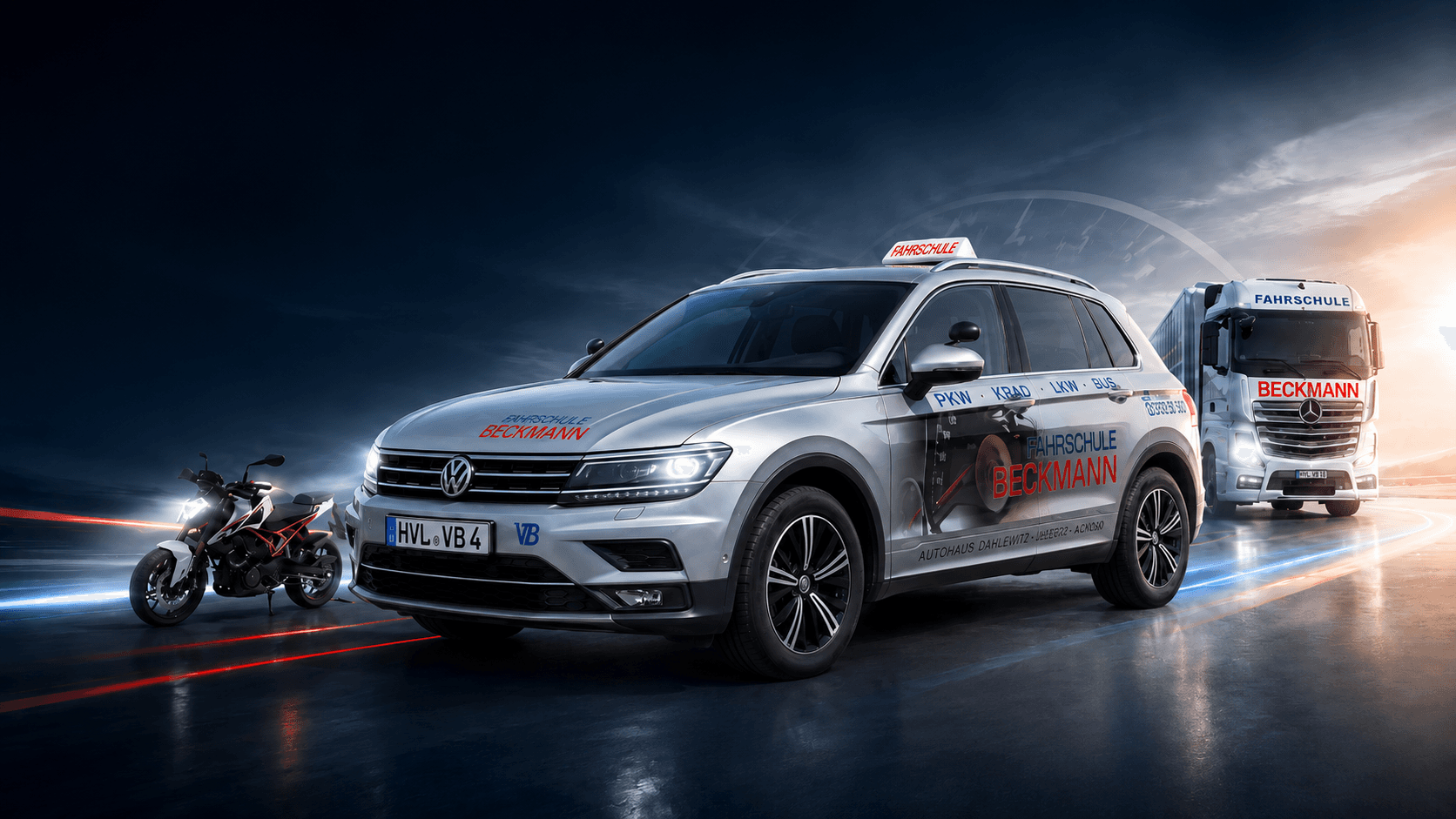 Fahrschule Beckmann – Pkw, Motorrad und Lkw bei Nacht in Falkensee
